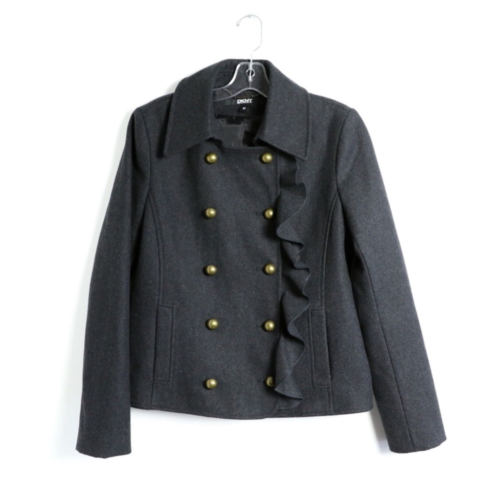 DKNY Donna Karan wool coat ruffle jacket brass buttons short warm winter fall M